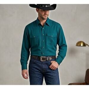 VTG I. Magnin Men's 100% Silk Utility Shirt Teal Blue Button Down Size M Boxy